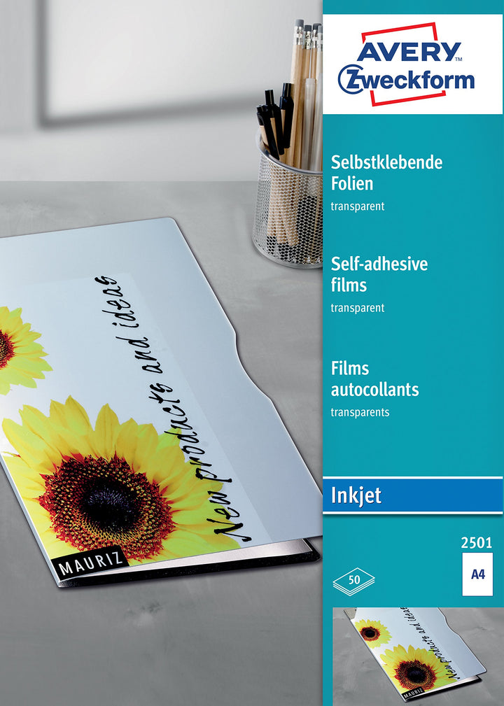AVERY Zweckform 2501 Transparente Folien für Inkjetdrucker (50 selbstklebende Folien mit hoher Farbb