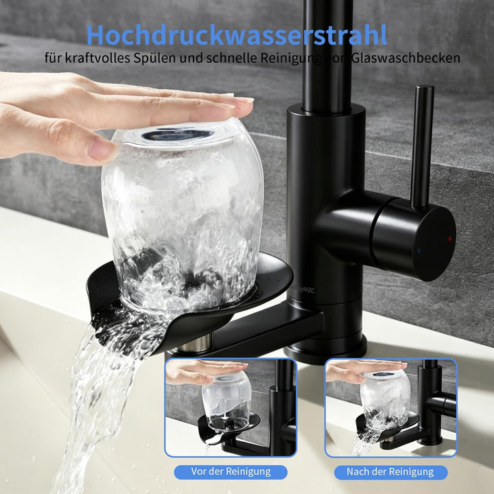 Küchenarmatur Schwarz mit Glasspüler, Ausziehbarer Einhebelmischer | LakeBayMZC Wasserhahn Küche mit