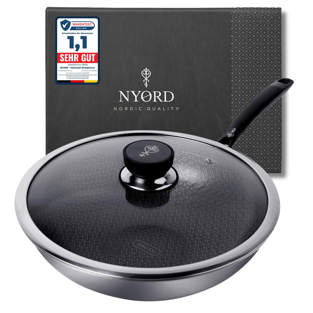 NYORD Wokpfanne [TESTSIEGER] | Antihaft Pfanne 30cm 5,5L | Hybrid Keramikbeschichtung Edelstahl Wok