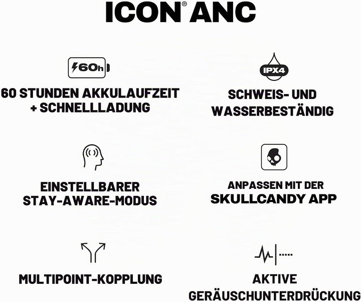 Skullcandy Icon ANC Wireless On-Ear Bluetooth Headphones, Active Noise Cancelling, Up to 60 Hours Ba