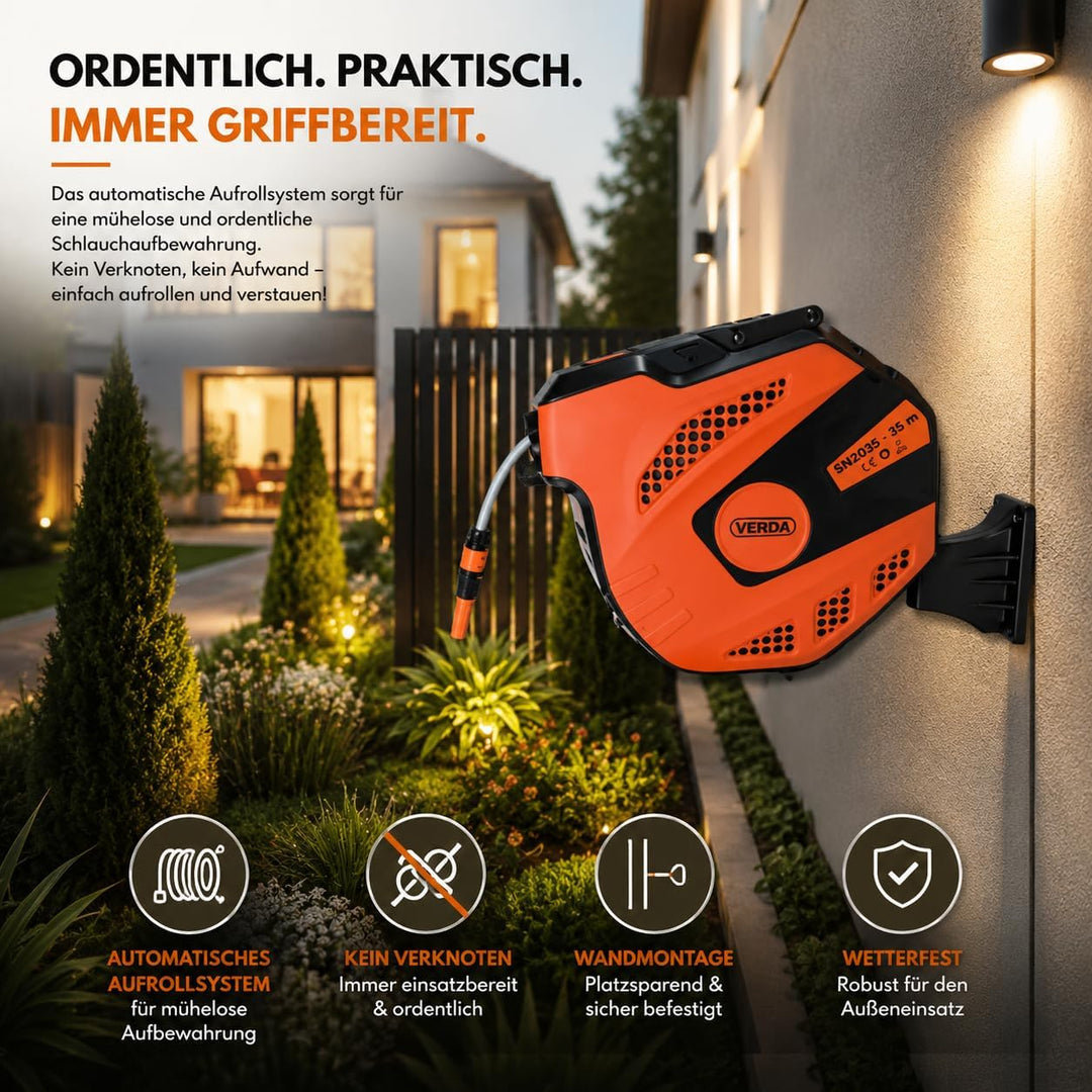 Schlauchtrommel & Wand-Schlauchbox 35M+2M – Hochwertiger 1/2-Zoll Automatik-Gartenschlauch mit 180°