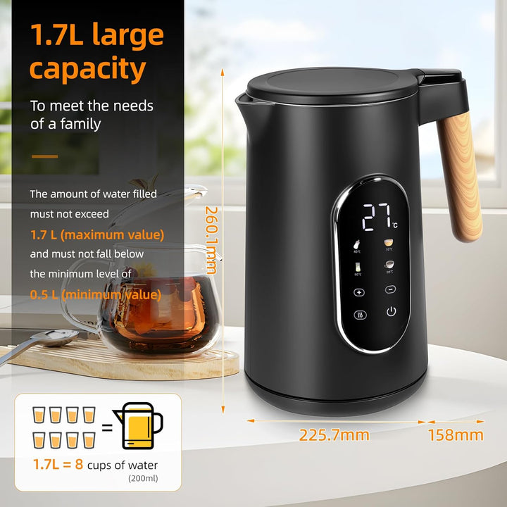 Carehabi Wasserkocher mit Temperatureinstellung 1.7 Liter Wasserkocher Edelstahl Schwarz 40°C-100°C