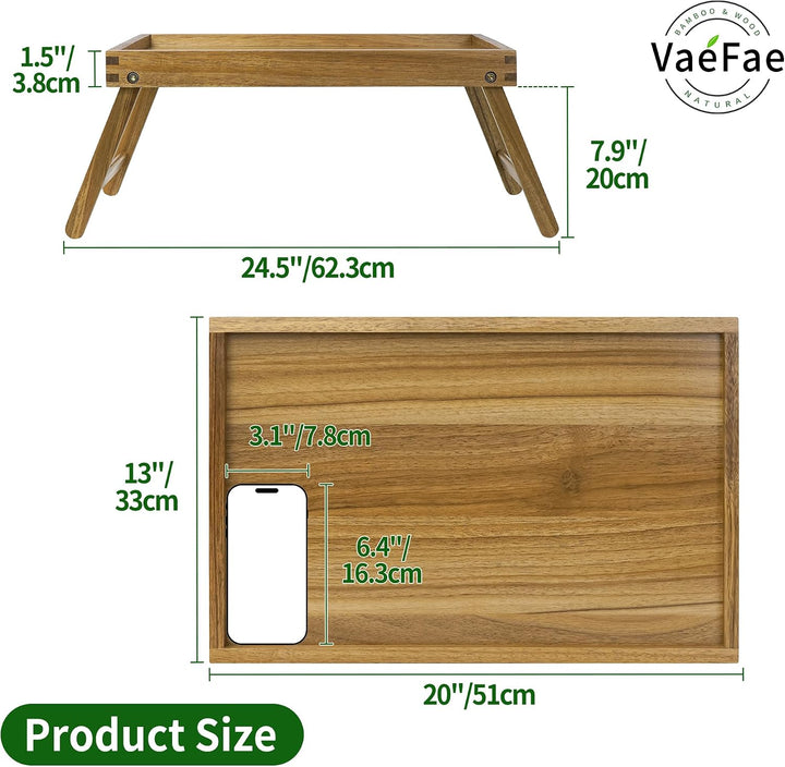 VaeFae Acacia Bed Table Tray, Frühstückstablett aus Holz mit klappbaren Beinen, Betttablett für Esse