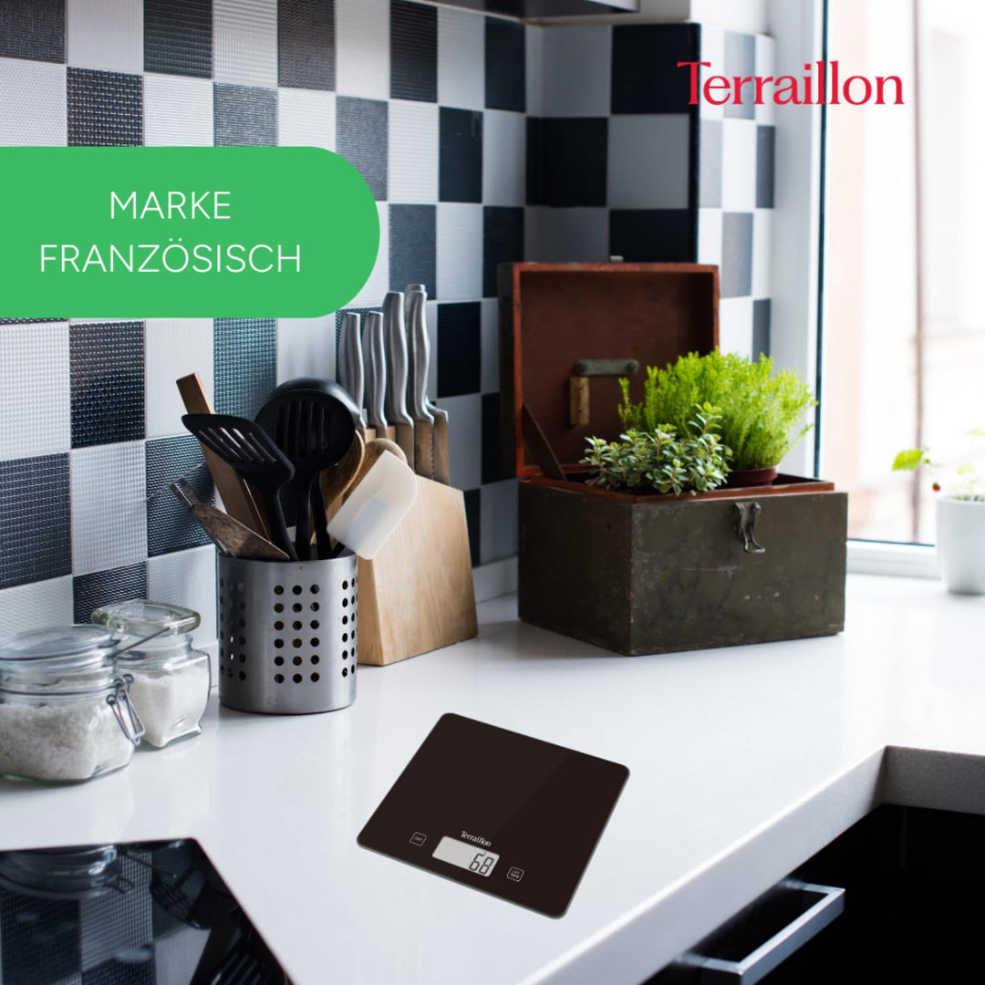 Terraillon Küchenwaage, Mit Tara-Funktion, Flüssigkeitsanzeige, Ultradünn, Bis 3 kg, T1040, Motiv Ba