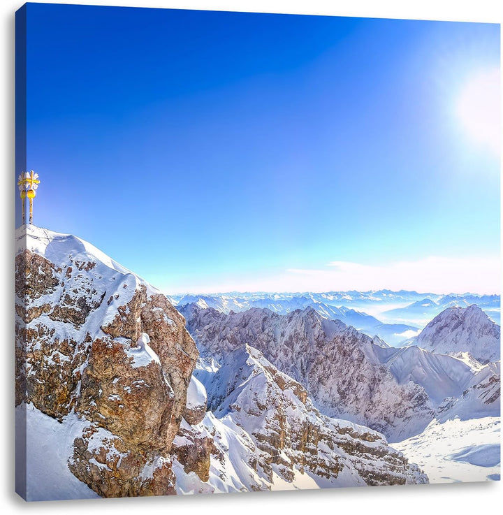 Zugspitze im Sonnenlicht, Format: 70x70 auf Leinwand, XXL riesige Bilder fertig gerahmt mit Keilrahm