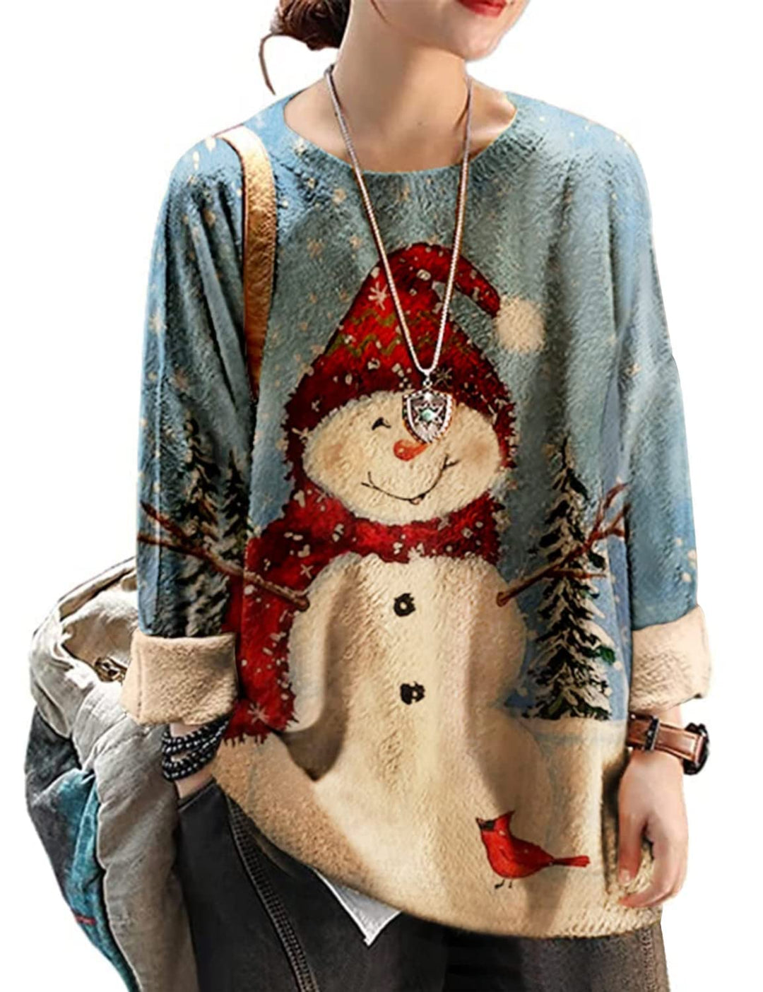 Janein Damen Pullover Oversize Lang Strickpullover Herbst Winter Rundhals Sweater mit Blumenmuster W
