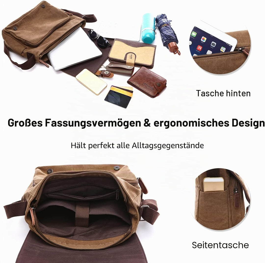 FANDARE Retro Umhängetasche Herren Segeltuch Arbeitstasche Messenger Bag Schultertasche passen 12,9-