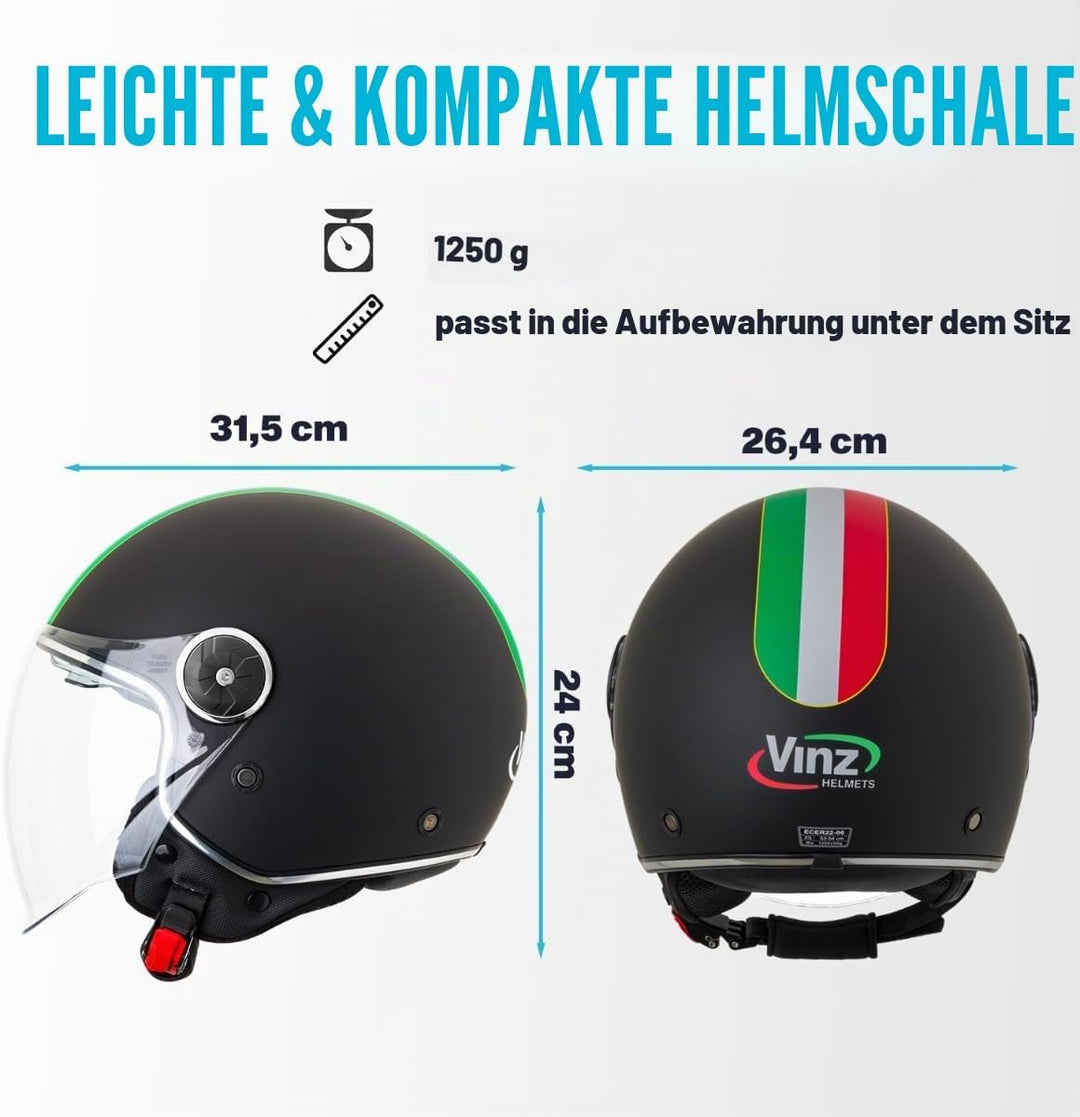 VINZ Neiva Jethelm mit Doppelvisier | Roller Helm mit Italienische Flagge &amp; mit Sonnenblende | In Gr