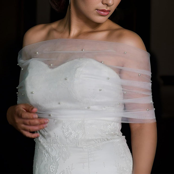 NICENEEDED Weisser Tüll Brautschal Perlen Brautumhang Hochzeit Schulterfreie Capelets Spitze Schal F