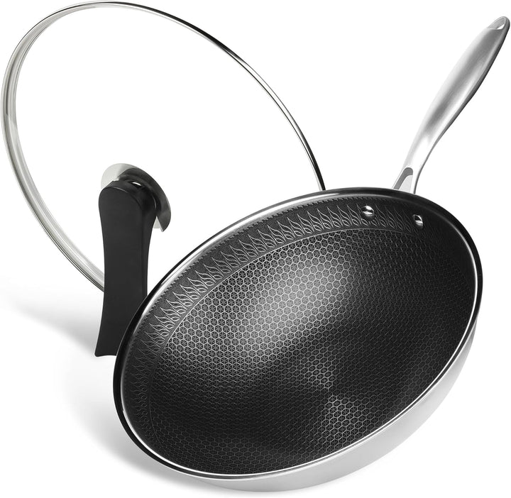 RIOVARM 32cm Edelstahl Wok mit Deckel, Antihaftbeschichtung Flacher Boden Wok-Pfanne, Dreilagig Honi