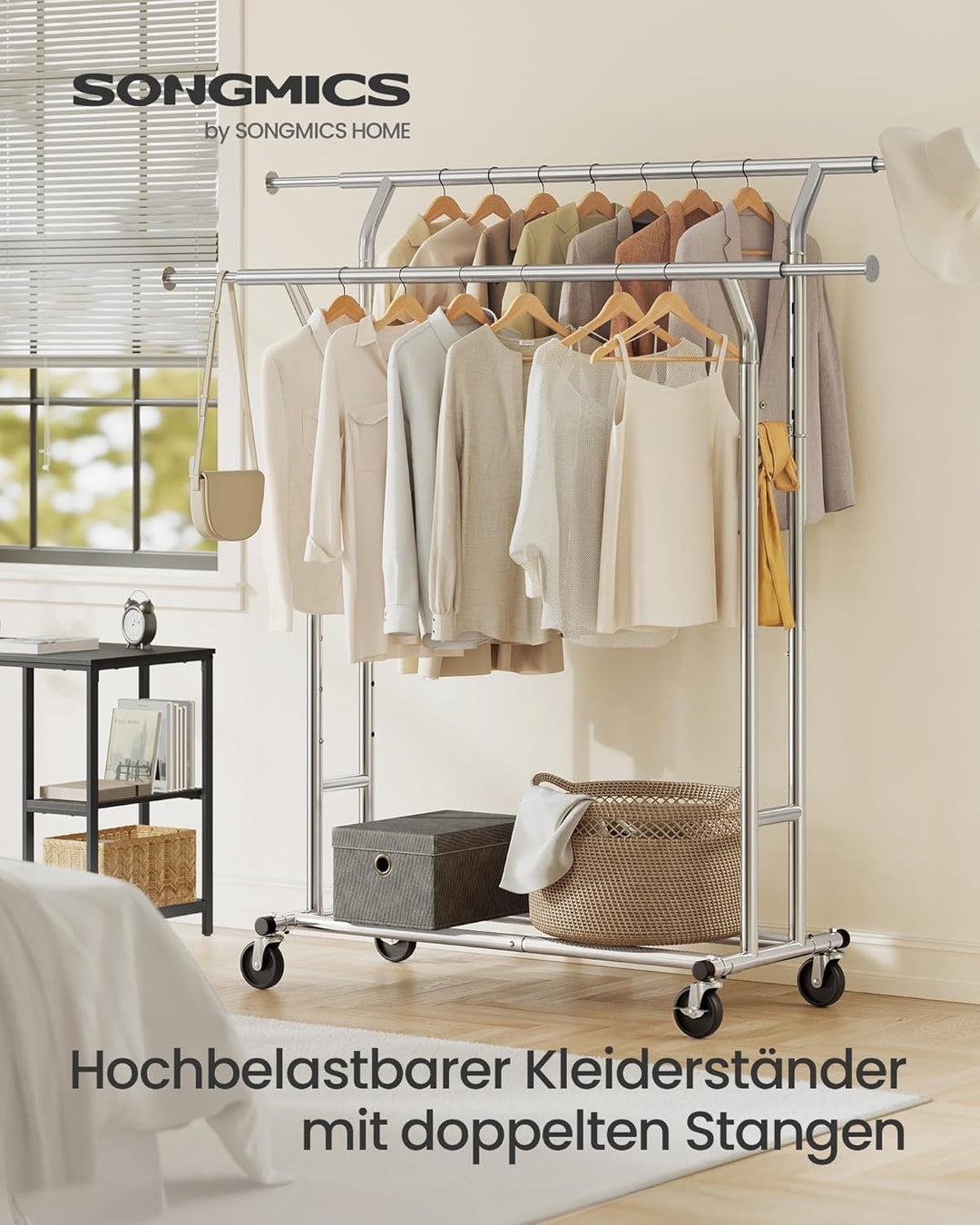 SONGMICS Schwerlast Kleiderständer aus Metall, bis 110 kg belastbar, Garderobenständer auf Rädern, L