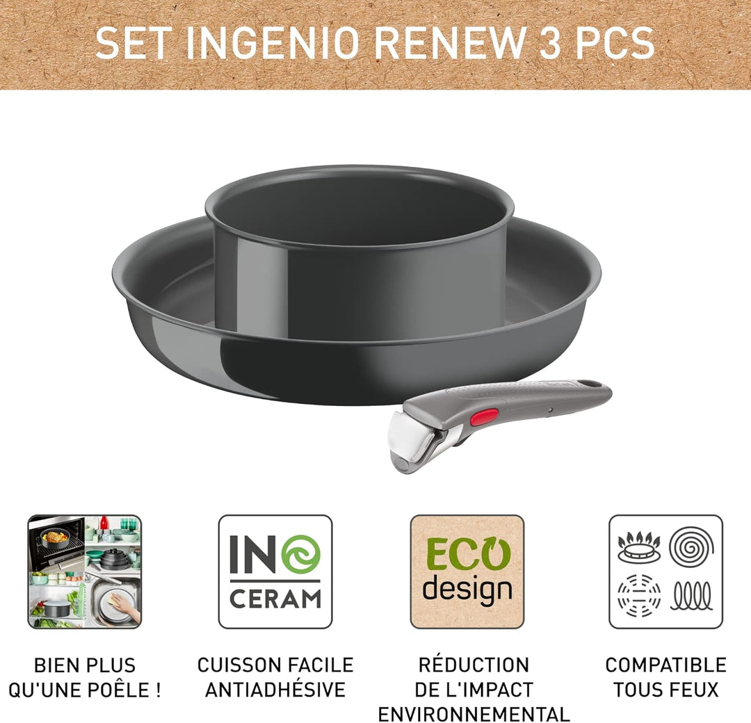 Tefal Ingenio Renew Set mit 3 Teilen, Pfanne 28 cm, Topf 18 cm, Griff, Induktion, Keramikbeschichtun