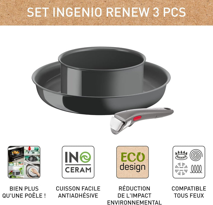 Tefal Ingenio Renew Set mit 3 Teilen, Pfanne 28 cm, Topf 18 cm, Griff, Induktion, Keramikbeschichtun