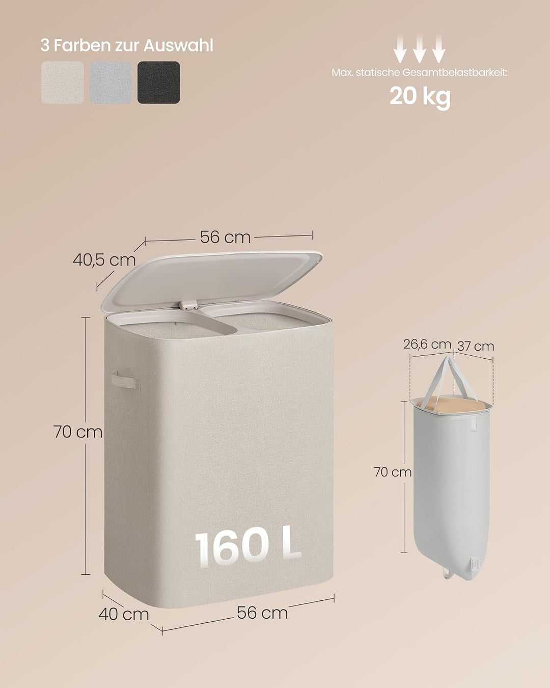 SONGMICS Wäschekorb 160 L, Wäschesammler 2 Fächer, Wäschesortierer mit Deckel, Griffen, Innensack he