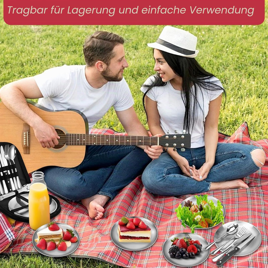 11 Teilig Camping Geschirr Set für 2 Personen, Edelstahl Picknick Campingbesteck, Besteckset mit Mes