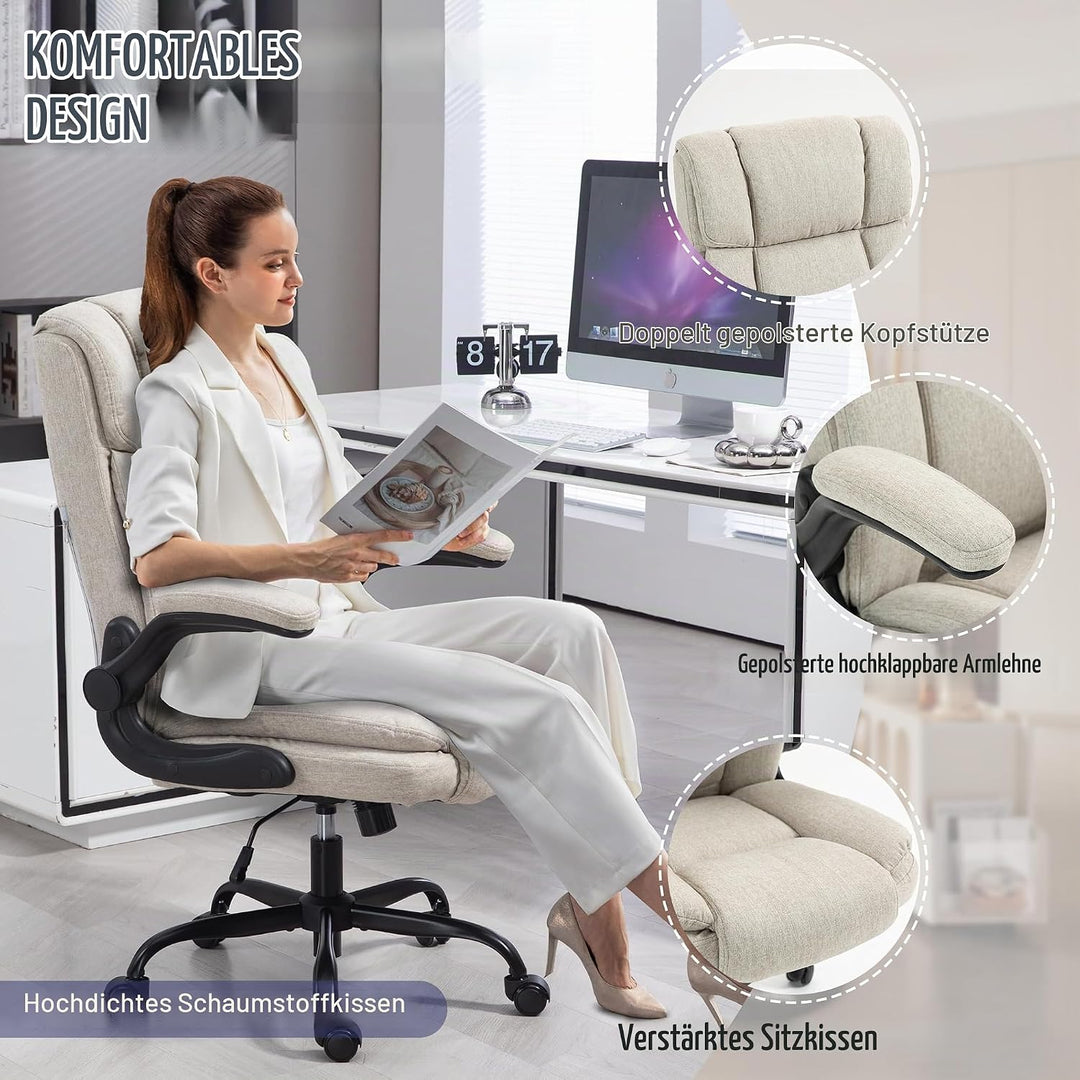 Bürostuhl Ergonomischer Computerstuhl 150KG Belastbarkeit Chefsessel Stoff Flip-up Armlehnen/110° Wi