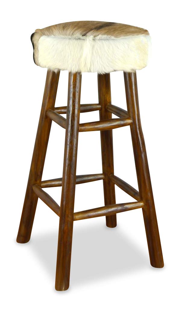 livasia Ziegenfell Barhocker mit Teakholz, Barhocker aus Java, Thekenhocker, Fellbarhocker (Ziegenfe