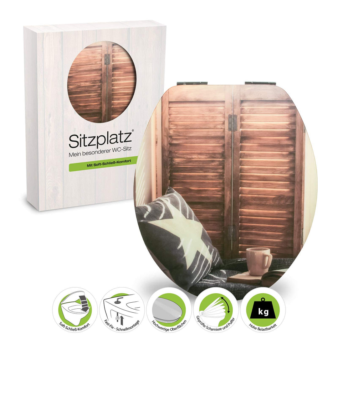 SITZPLATZ WC-Sitz mit Absenkautomatik, Dekor Chill-out Lounge, High Gloss Toilettensitz mit Holzkern