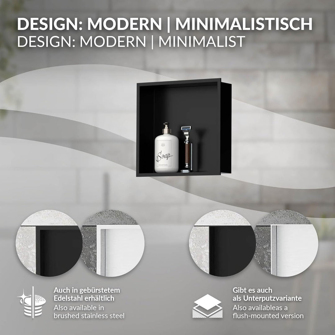LuxeBath Wandnische aus Edelstahl, 30x30x10 cm, Schwarz, Duschnische mit Rahmen, Einbauregal, Flexib
