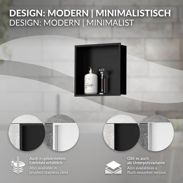 LuxeBath Wandnische aus Edelstahl, 30x30x10 cm, Schwarz, Duschnische mit Rahmen, Einbauregal, Flexib