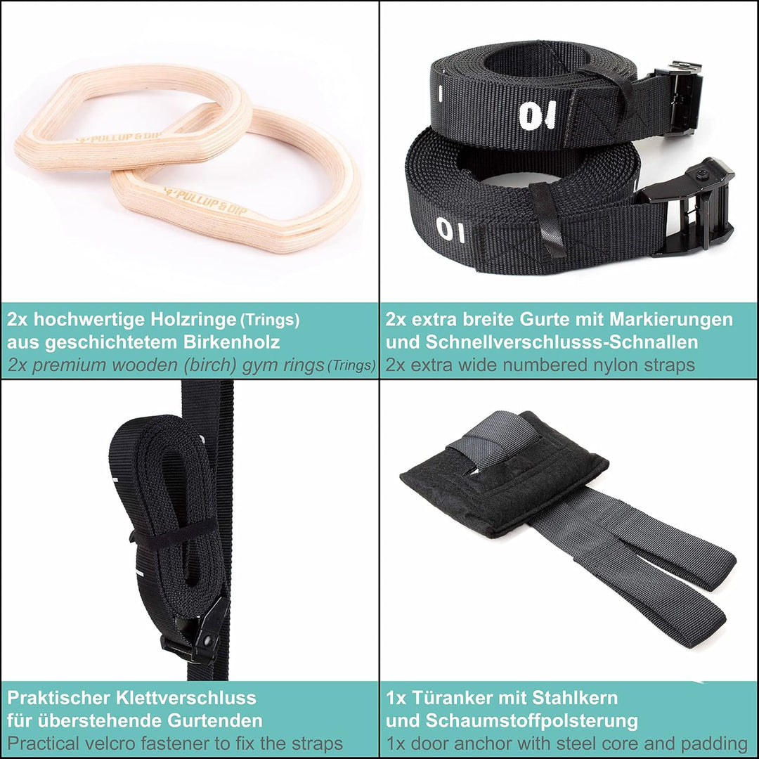 PULLUP & DIP Premium Turnringe Holz, Gym Rings Gymnastikringe, Turnerringe für Calisthenics, Breite