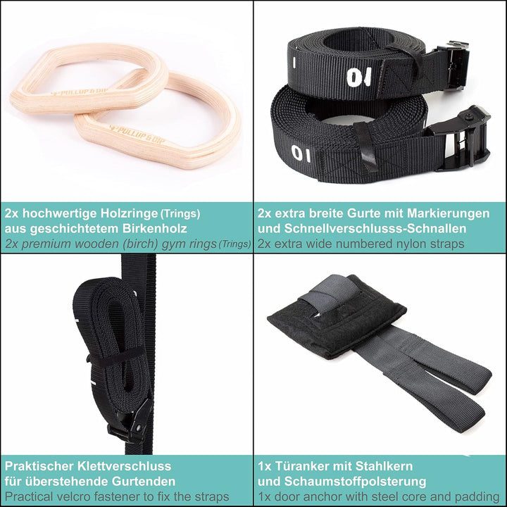 PULLUP & DIP Premium Turnringe Holz, Gym Rings Gymnastikringe, Turnerringe für Calisthenics, Breite