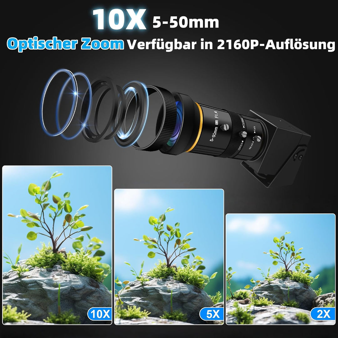 4K Ultra HD HDMI USB Kamera mit 5–50 mm 10-fachem optischem Zoom, Varifokal Objektiv 2160P H.264 H.2