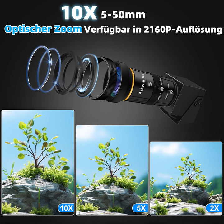 4K Ultra HD HDMI USB Kamera mit 5–50 mm 10-fachem optischem Zoom, Varifokal Objektiv 2160P H.264 H.2