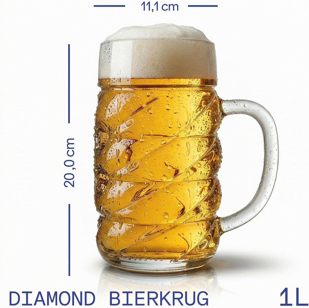 Stölzle Lausitz Bierkrug Diamond / 6er Set Bierkrüge 1 Liter mit Schild/Stabiler Bier Krug/Masskrug