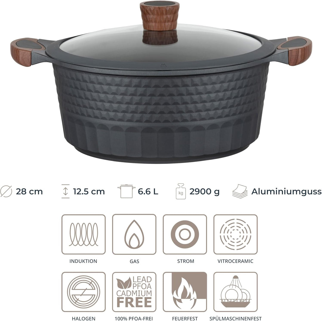 RESTO Kochtopf Schmortopf 6,6L mit Deckel 28cm, H=12,5cm | Antihaftbeschichtung | im Geschenkkarton