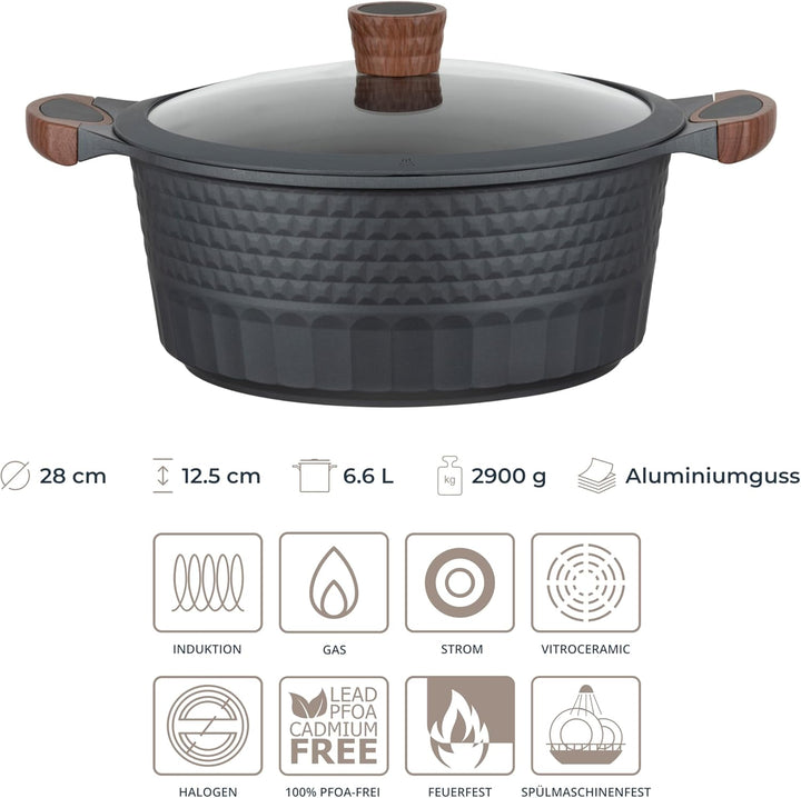RESTO Kochtopf Schmortopf 6,6L mit Deckel 28cm, H=12,5cm | Antihaftbeschichtung | im Geschenkkarton