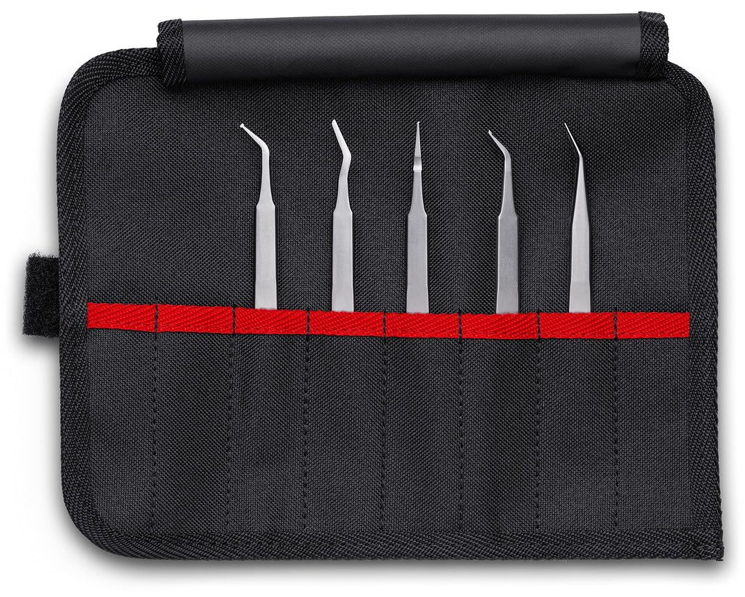 KNIPEX Tools 92 00 03 Edelstahl-Pinzetten-Set in Werkzeugrolle, SMD, Silber, 5-teilig