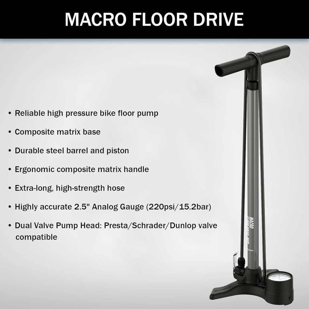 Lezyne 4712805989VAR2 - Pumpe Aluminium inflator stehend Macro Floor Drive 220PSI ABS-1 Chuck Flach,
