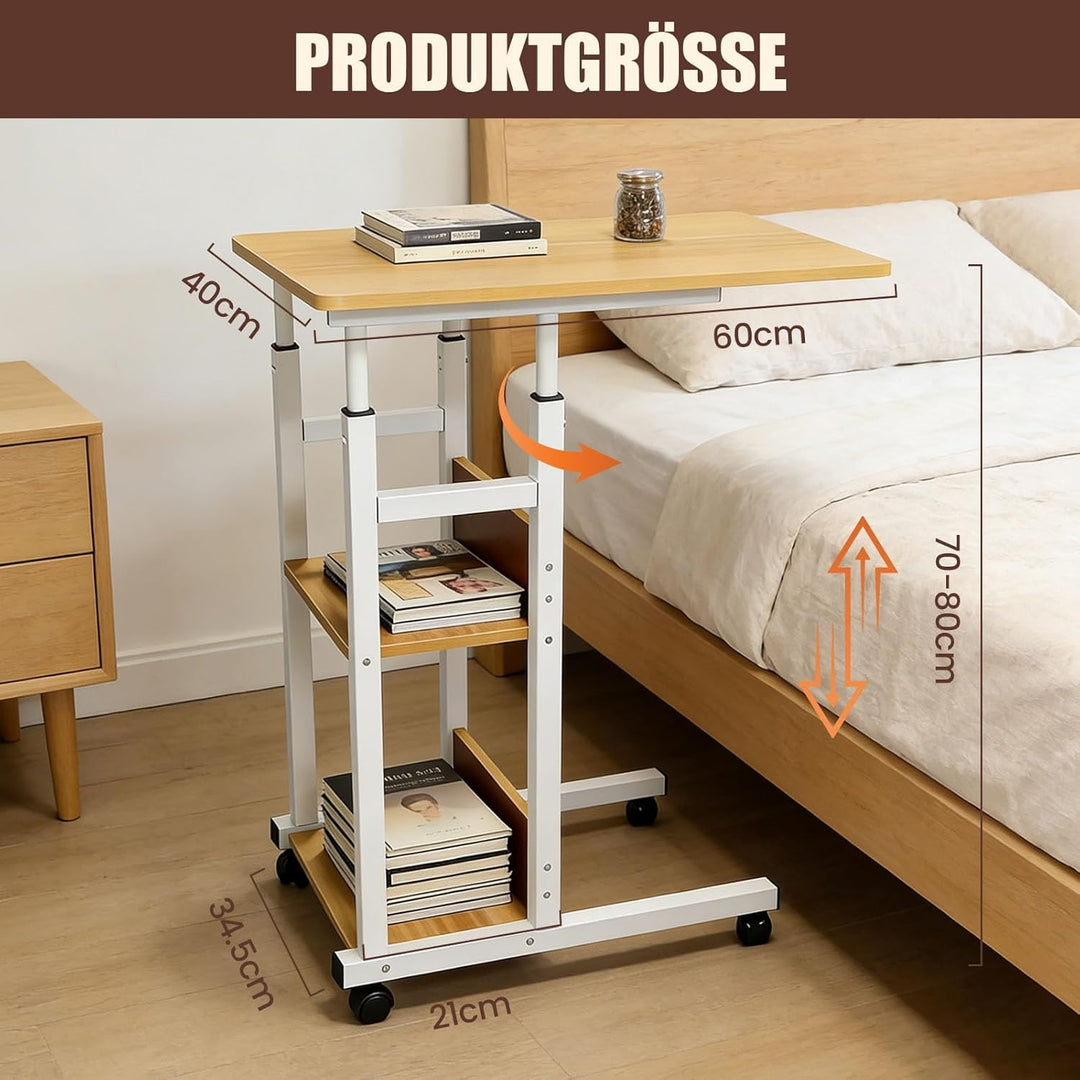 MYKAGS C-förmig Verstellbarer Couchettisch mit verschliessbaren Rollen und 2 Aufbewahrungsregalen, T