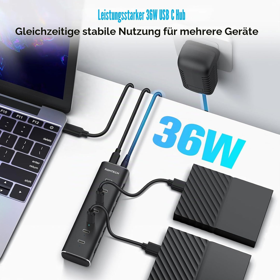 RSHTECH Alle 7 Anschlüsse sind USB-C Hub 3.2 mit Netzteil - Aktiver Verteiler 3.1 - Aktiv Schaltbaer