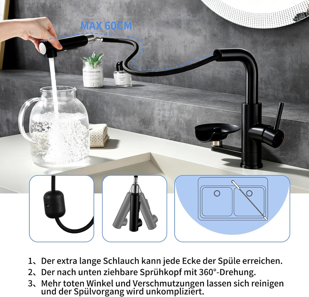 Küchenarmatur Schwarz mit Glasspüler, Ausziehbarer Einhebelmischer | LakeBayMZC Wasserhahn Küche mit