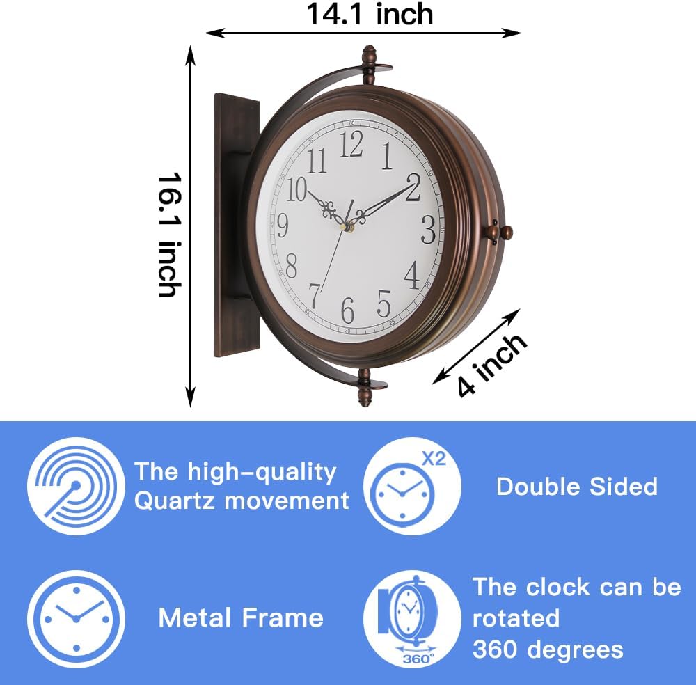 BESTIME 66264A 40,6 cm doppelseitige Metall-Wanduhr mit antikem rotem Kupfer. Stabiler Rahmen, leich