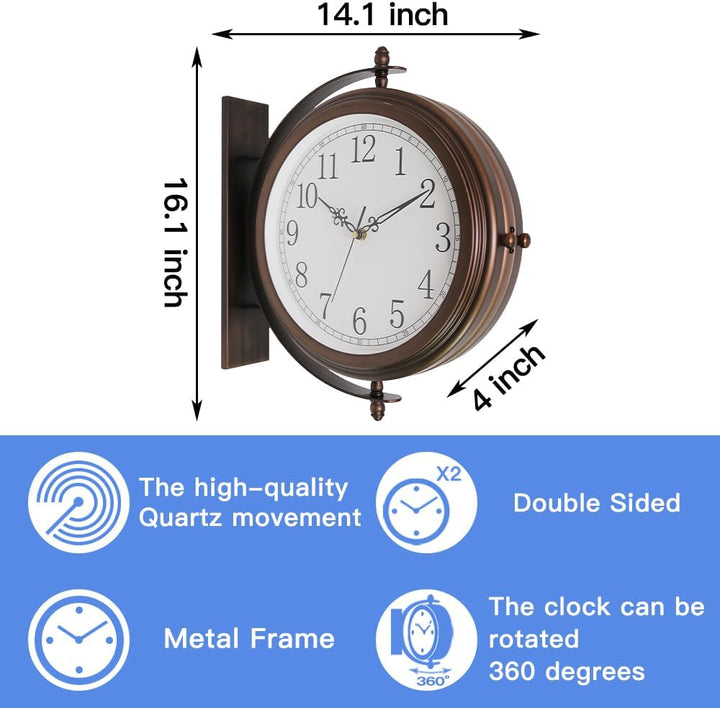 BESTIME 66264A 40,6 cm doppelseitige Metall-Wanduhr mit antikem rotem Kupfer. Stabiler Rahmen, leich