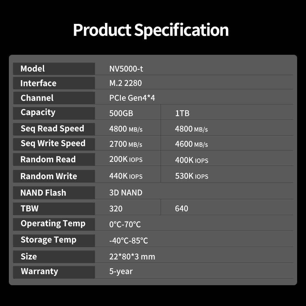 Netac NV5000-t 1TB NVMe 1.4 Interne SSD M.2 PCIe 4.0 Geschwindigkeit bis zu 4800MB/s, für PC, PS5, t