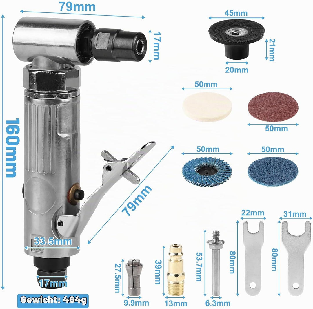 LALAGO Druckluftschleifer 90°,Druckluft Schleifer Winkelschleifer,Stabschleifer Druckluft mit 50mm K