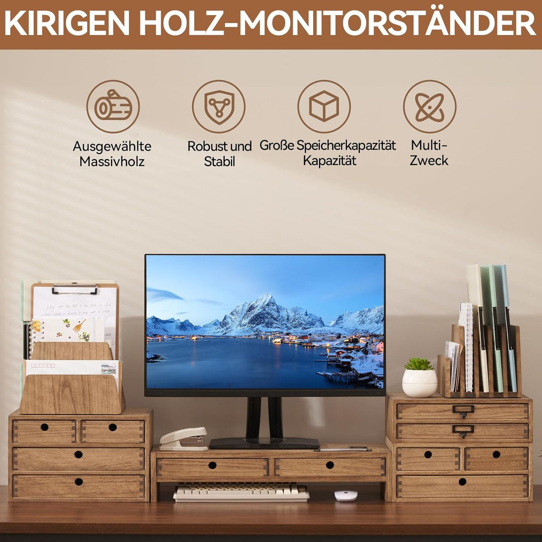 KIRIGEN hölzerner Monitorständer mit 2 Schubladen Computer Desktop Storage Organizer Lautsprecher TV