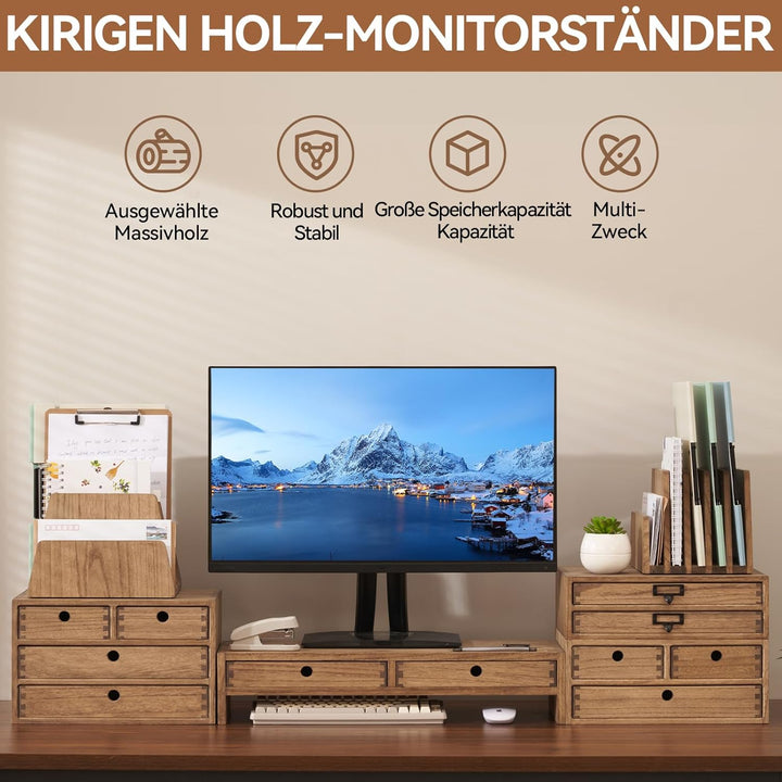 KIRIGEN hölzerner Monitorständer mit 2 Schubladen Computer Desktop Storage Organizer Lautsprecher TV