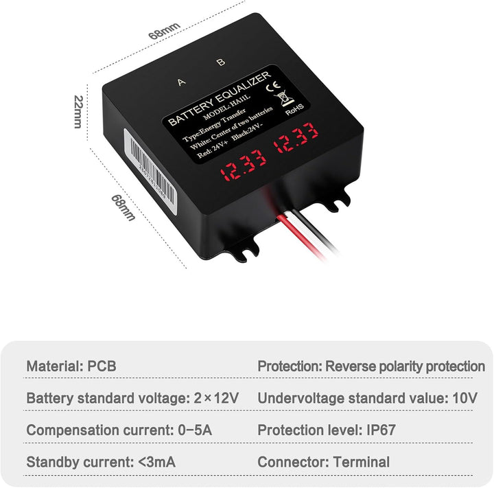 DEWIN Batterie-Balancer, Batterie-Equalizer 24V Digitalanzeige 2 x 12V Batterie-Balancer for Blei-Sä