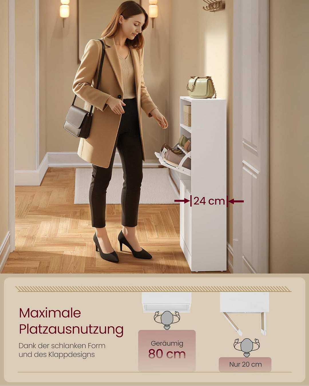 VASAGLE Schuhschrank 2 Klappen, Schuhkipper, Schuhregal, Schuhaufbewahrung, offenes Fach, Trennwand