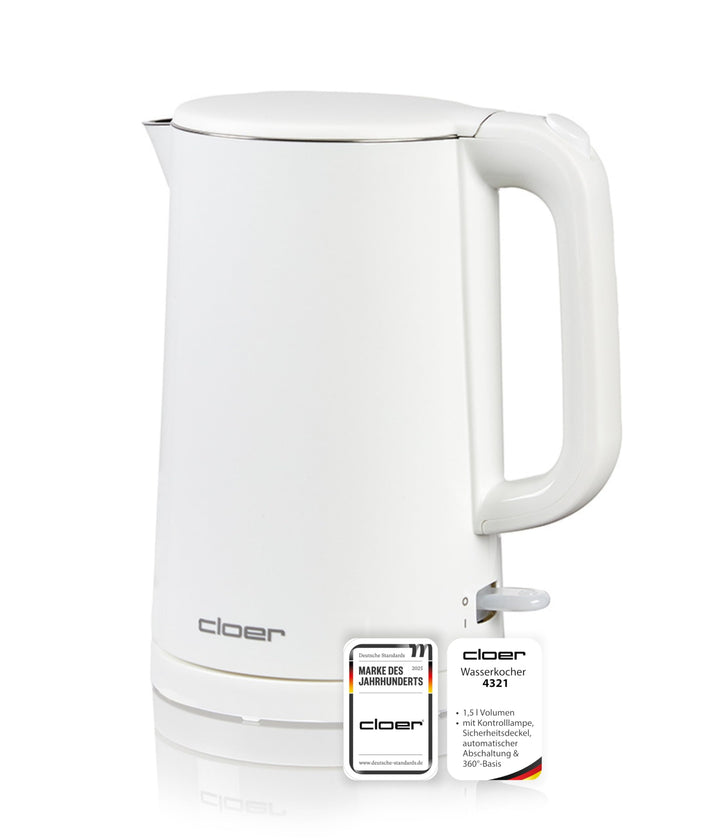 Cloer 4321 Wasserkocher 1,5l mit Kontrolllampe, Sicherheitsdeckel und automatischer Abschaltung, Was