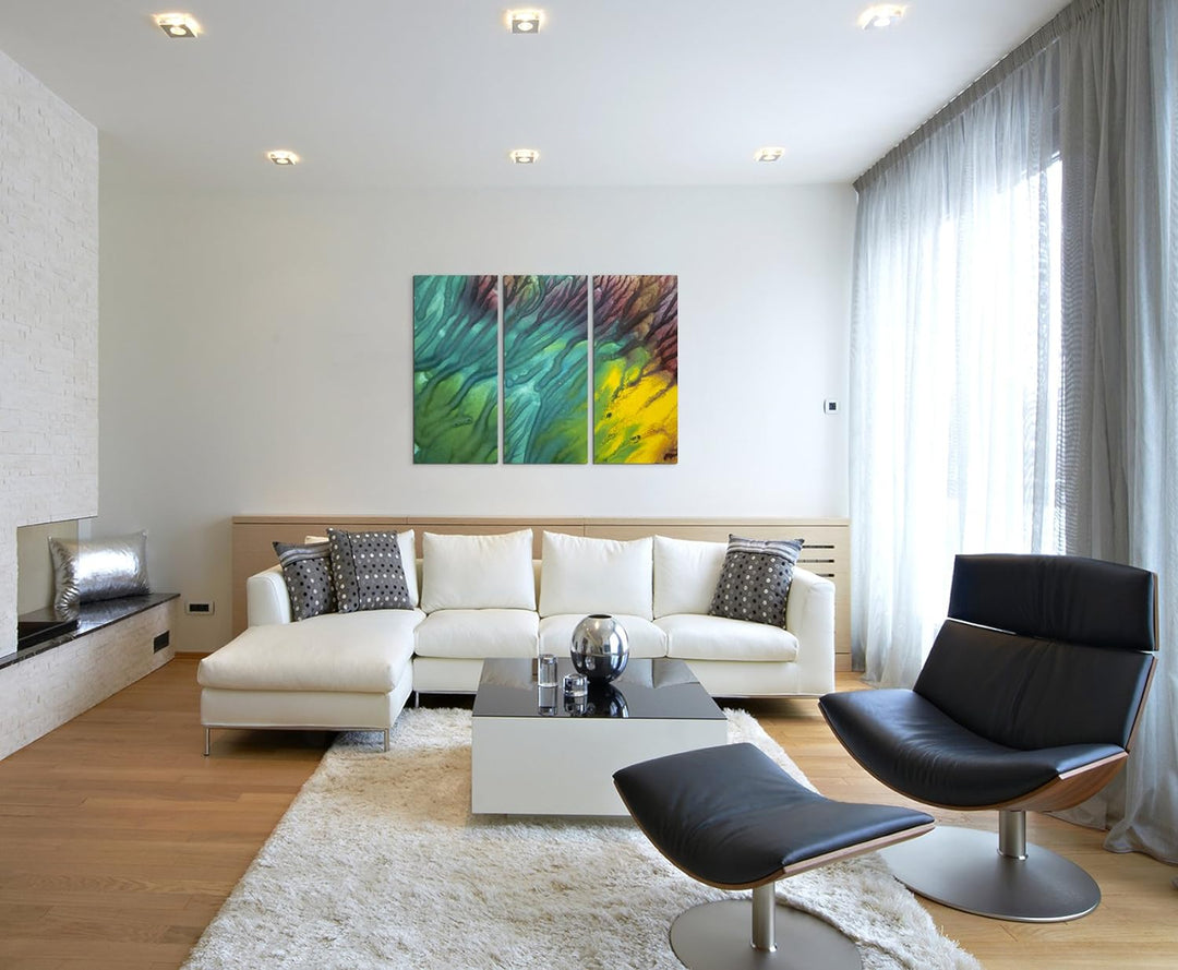 Wandbild 3x90x40cm (Gesamt 130x90cm) Leuchtendes Aquarell mit Struktur auf Leinwand für Wohnzimmer,