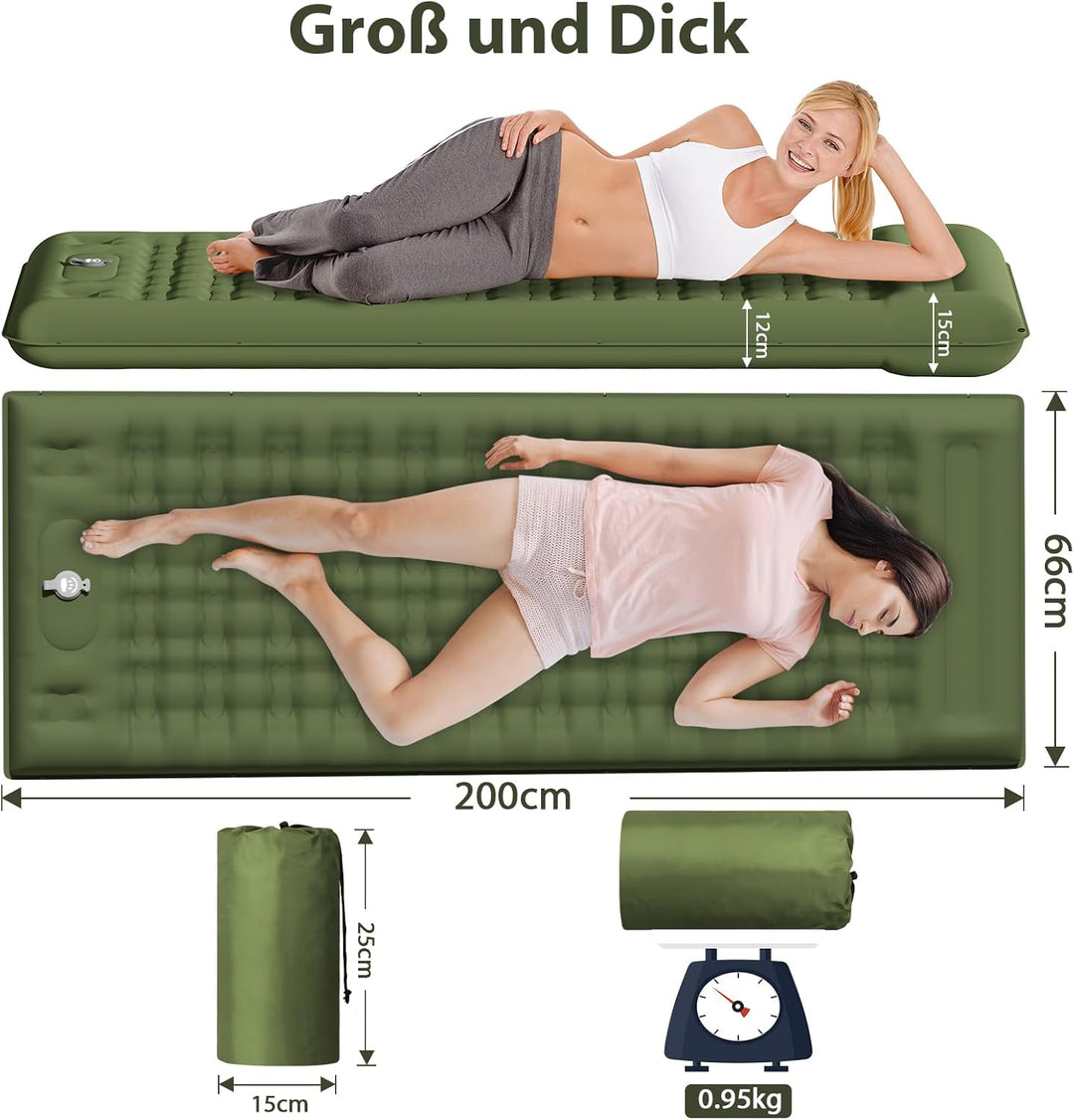 Isomatte Feldbett 12-15CM Extra Dicke verstärkte Stützstruktur mit Integrierter Fusspumpe und Kissen