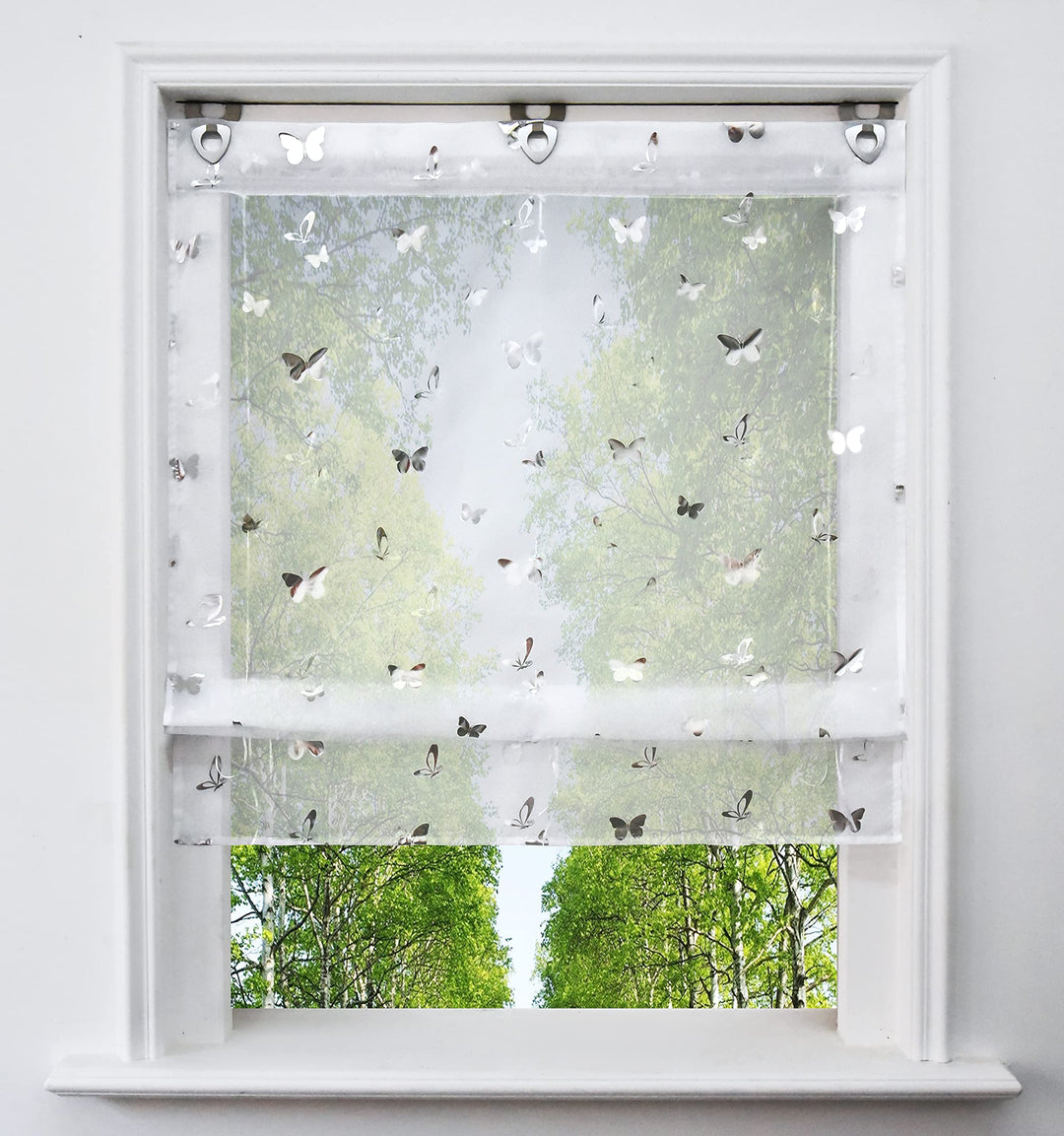 Voile Raffrollo mit Silber Heissprägen Design Raffgardine Transparent Ösenrollo Fenster Vorhang (BxH
