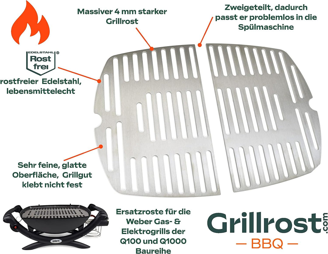 Edelstahl INOX Grillrost für die Weber Q1000 Baureihe | spülmaschinenfest - ZWEIGETEILT - Grillrost