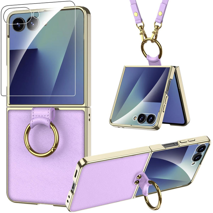 Miimall Lederhülle Kompatibel mit Samsung Galaxy Z Flip 7 Hülle mit Band+Ring Ständer [HD Displaysch